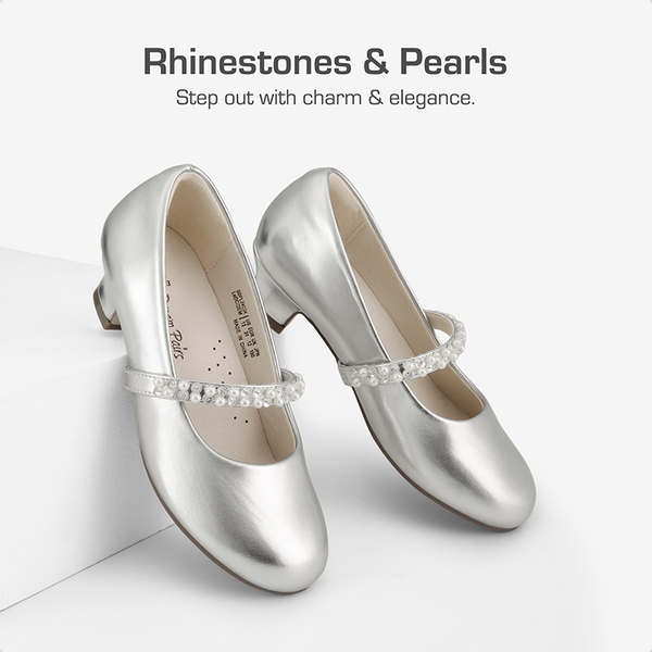 Girls' Rhinestone Mary Jane Low Heels - SILVER - 1